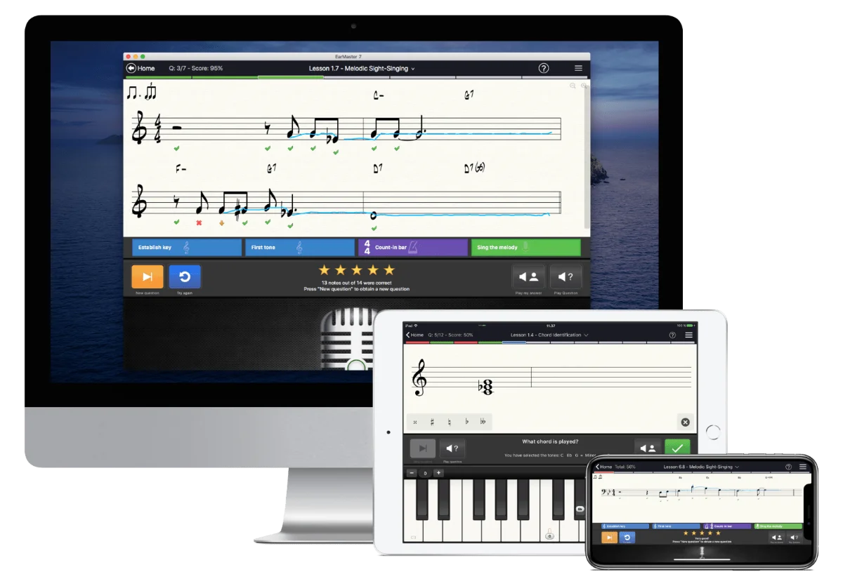 EarMaster melodic dictation and sight-singing exercises, showing staff notation, a microphone, and a piano keyboard